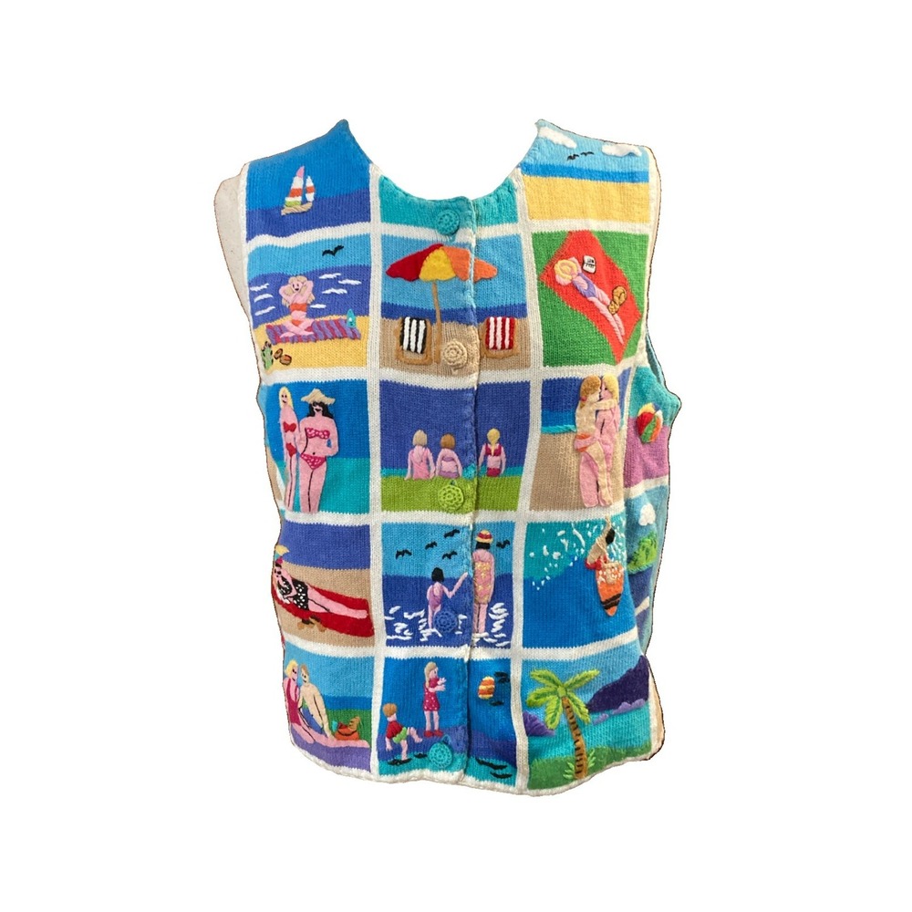 Michael Simon Sweater Vest Women Sz M Blue Beach Theme Knit 3D Applique Vtg 90s